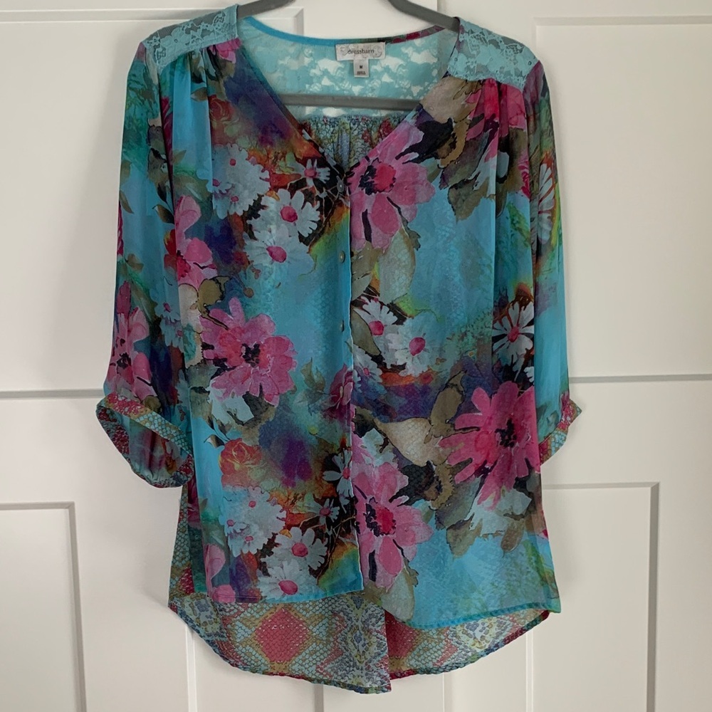 {Dress Barn} Vibrant Floral Sheer Blue & Pink